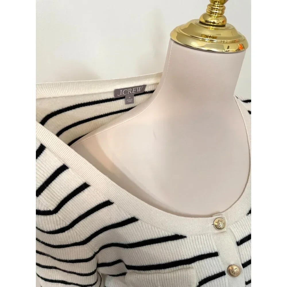 J.Crew Button-Up Sweater Tee Ivory Black Stripe Wool Linen Gold Buttons M